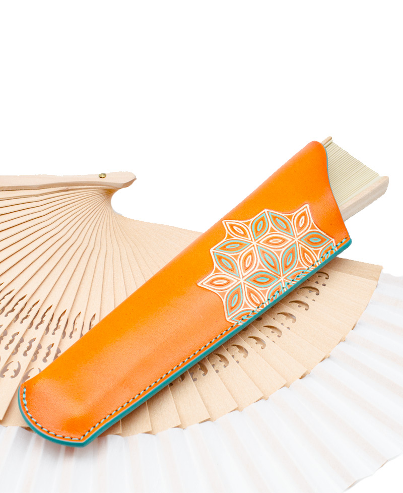 Funda-Abanico-Piel-FLor TRiple-Orange-