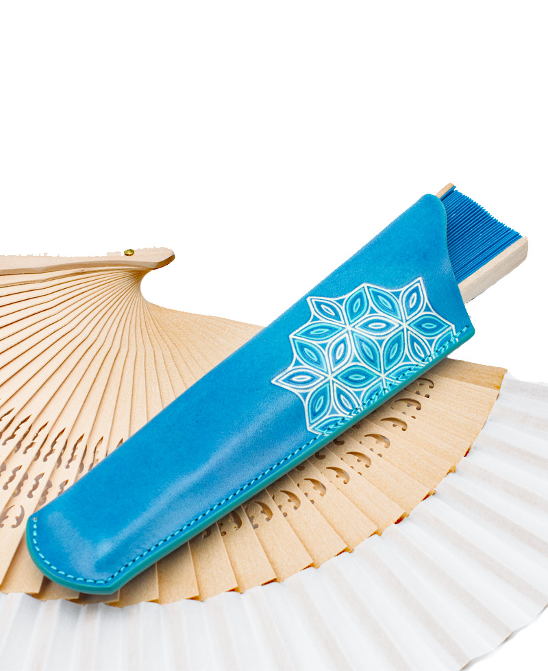 Funda-Abanico-Piel-FLor Triple-Azul